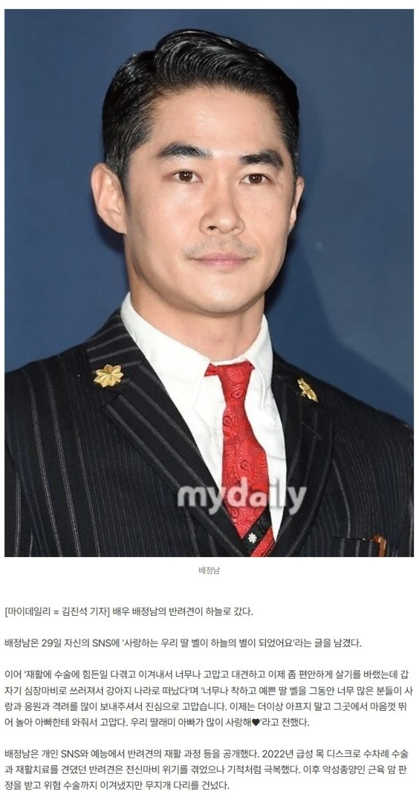 배정남 "우리 딸 벨이 하늘의 별이 됐다" 심경