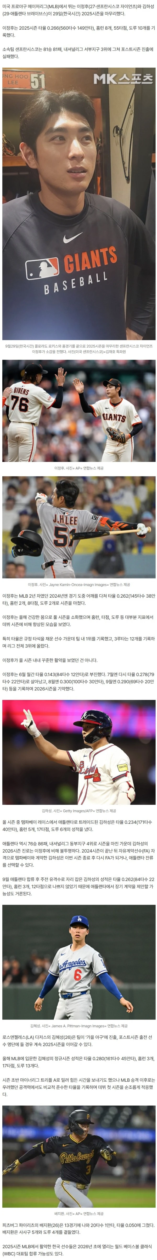 ‘바람의 손자’ 이정후, 팀 타율 1위로 2025시즌 마무리···‘3루타는 리그 3위 기록’