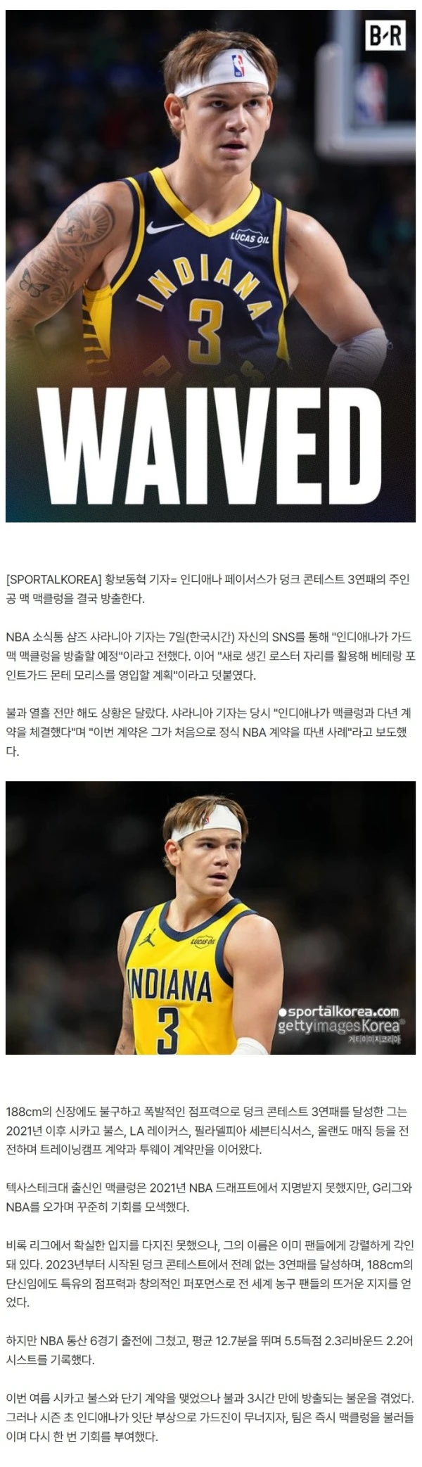 "첫 NBA 정규 계약"이었는데…188cm 덩크왕, 단 3경기 뛰고 또또 방출 "인디애나, 빈자리 활용해 베테랑 가드 영입"