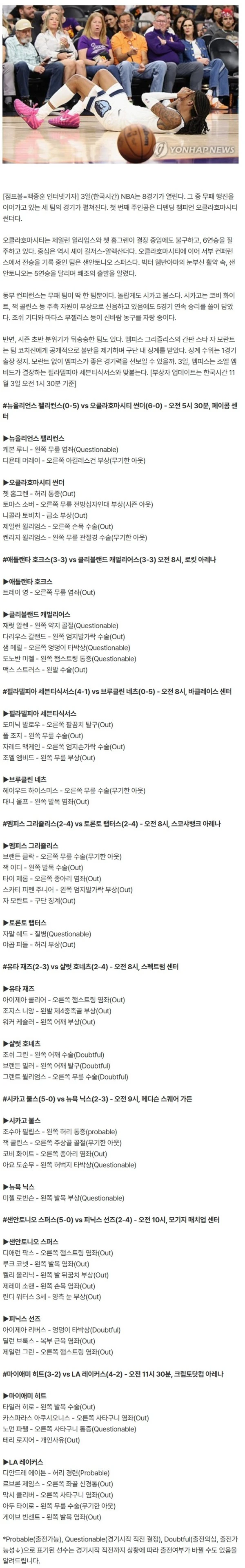 NBA 데일리 부상리포트 (11월 3일) : 모란트 엠비드 트레이 영 아웃