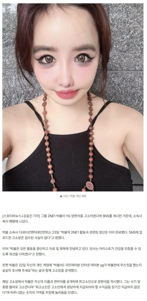 박봄 측 "모든 활동 중단하고 치료 전념, 고소장 접수된 적 없어"[공식]