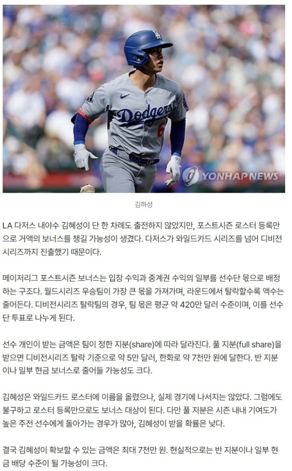 '뛰지도 않고 돈방석?' 김혜성, 다저스 덕에 디비전시리즈 진출만으로 '최대 7천만 원' 보너스 가능성